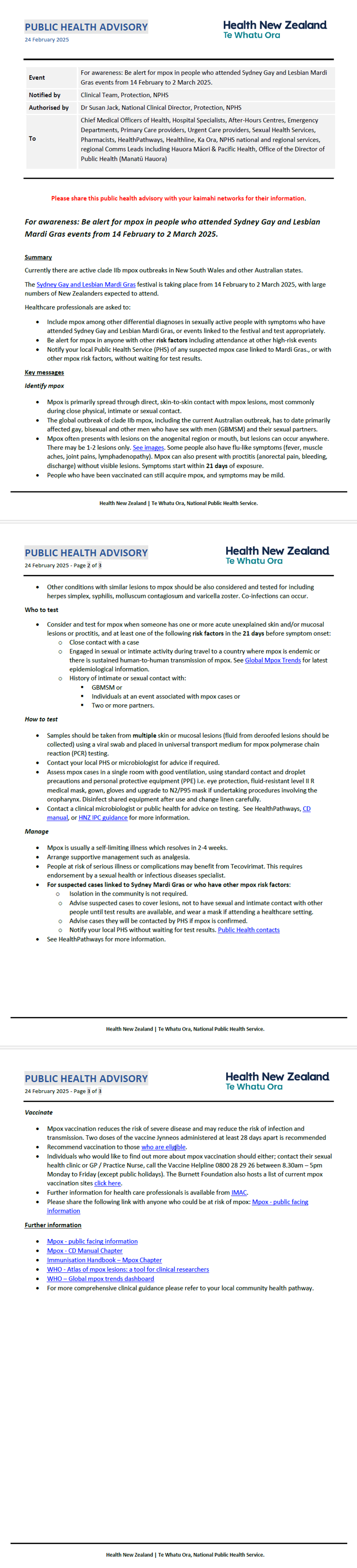 Public Health Advisory memo regarding the awareness of Mpox in people who attended Sydney gay and lesbian mardi gras events in Feb to Mar 2025